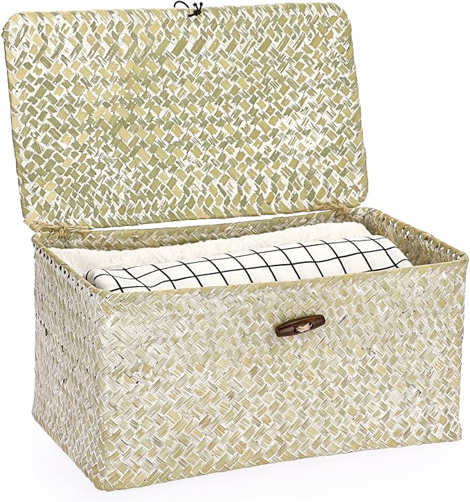 Seagrass Storage Basket Bins with Lid, Handwoven Wicker Shelf Baskets Bin Rectangular Household Basket Organizer Boxes for Shelf Closet Bedroom Home Decor, Whitewash Medium