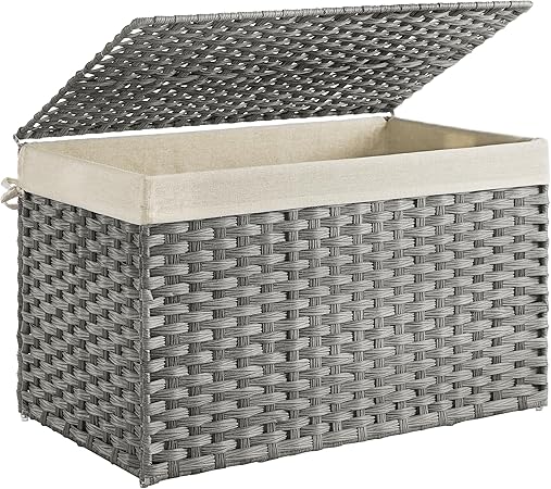 Storage Basket with Lid, Woven Blanket Storage Bin with Handles, Foldable, Removable Liner, Metal Frame, for Bedroom, Laundry Room, 42.3 Gallons (160 L), Brown URST76BR